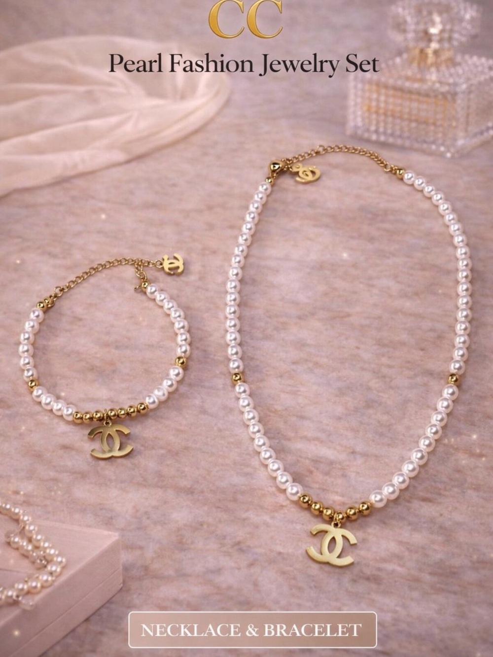 Gold-Tone Logo Pearl Double Strand Necklace - White/Gold